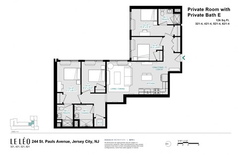 Floor plan for 1 bed, 1 bath, 126 sqft